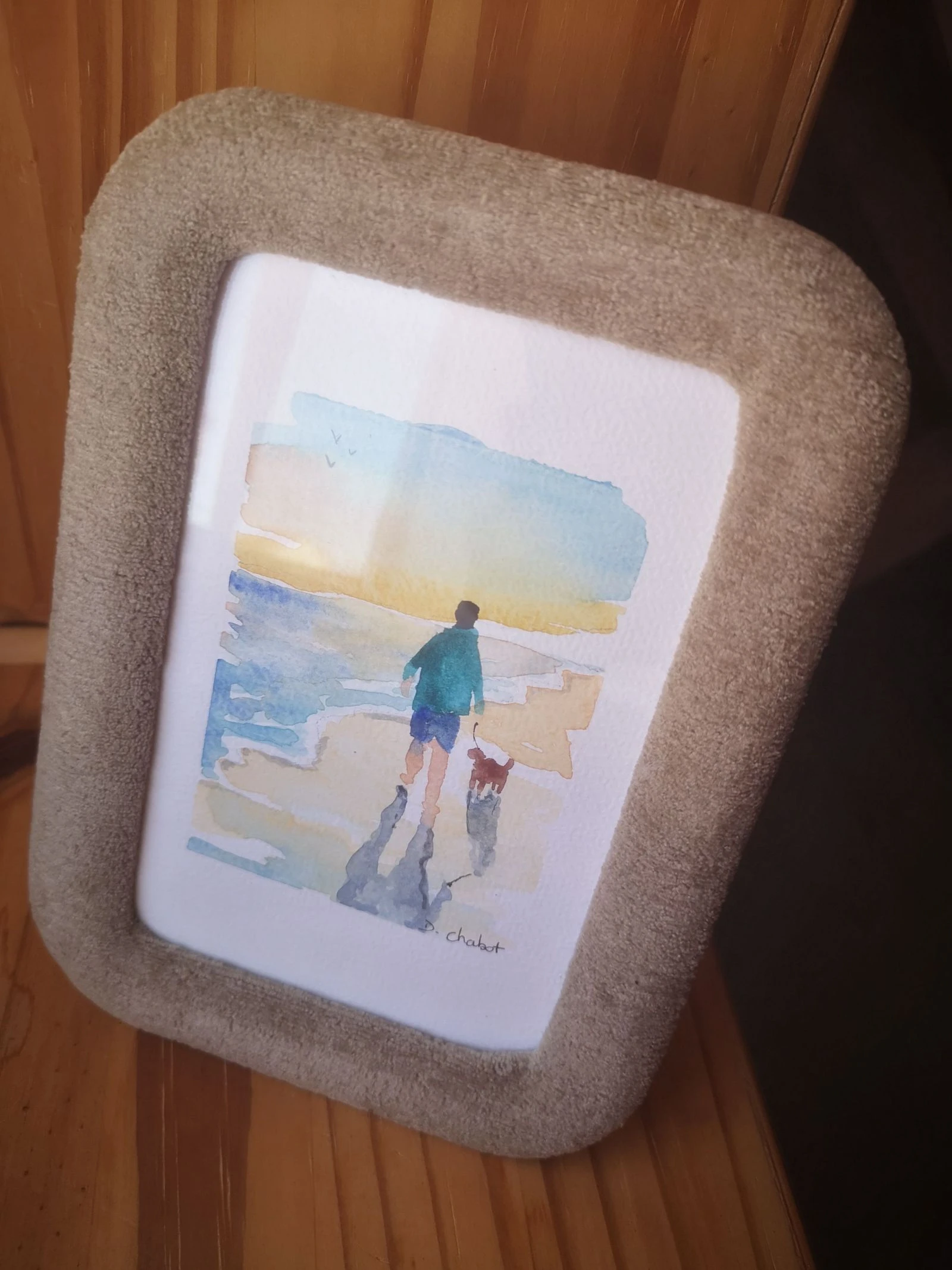 Aquarelle peinte à la main et son cadre peluche "promenade à la mer"  – photo 5
